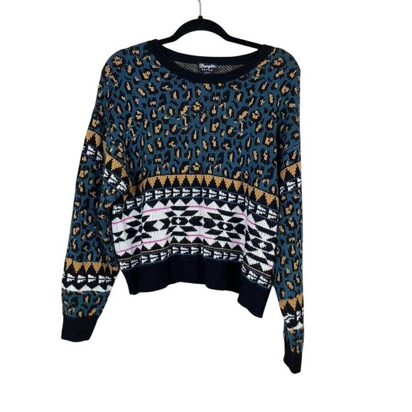 Wrangler Animal Print Sweater S Blue Crop Fuzzy Western Boho  Retro Southwest - Picture 1 of 10
